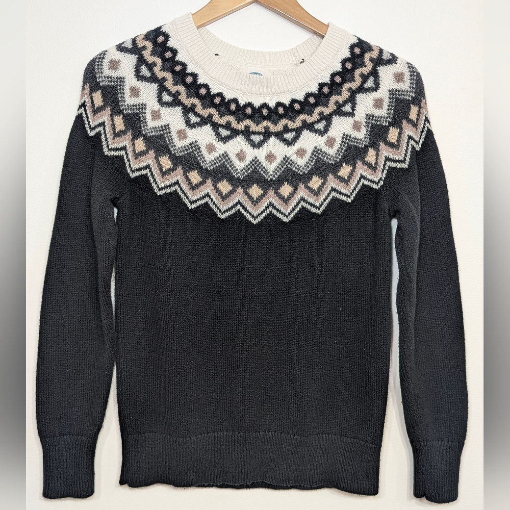 Old Navy Women's M Black Tan White Neutral Fair Isle Knit Sweater